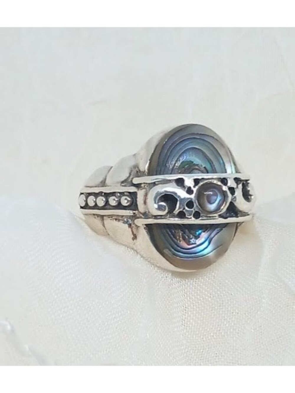 Dual Abalone Shell Stones & Filigree Design Sterling Silver Ring Boho/Native - Picture 7 of 11
